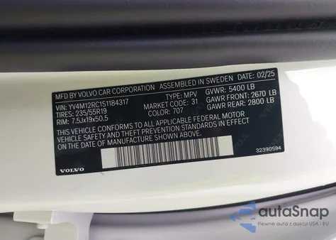 2025 Volvo Xc60 B5 Plus from USA, damaged, VIN YV4M12RC1S1184317